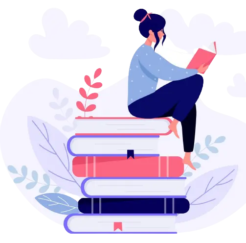 illustration of woman reading while sitting on stack of books